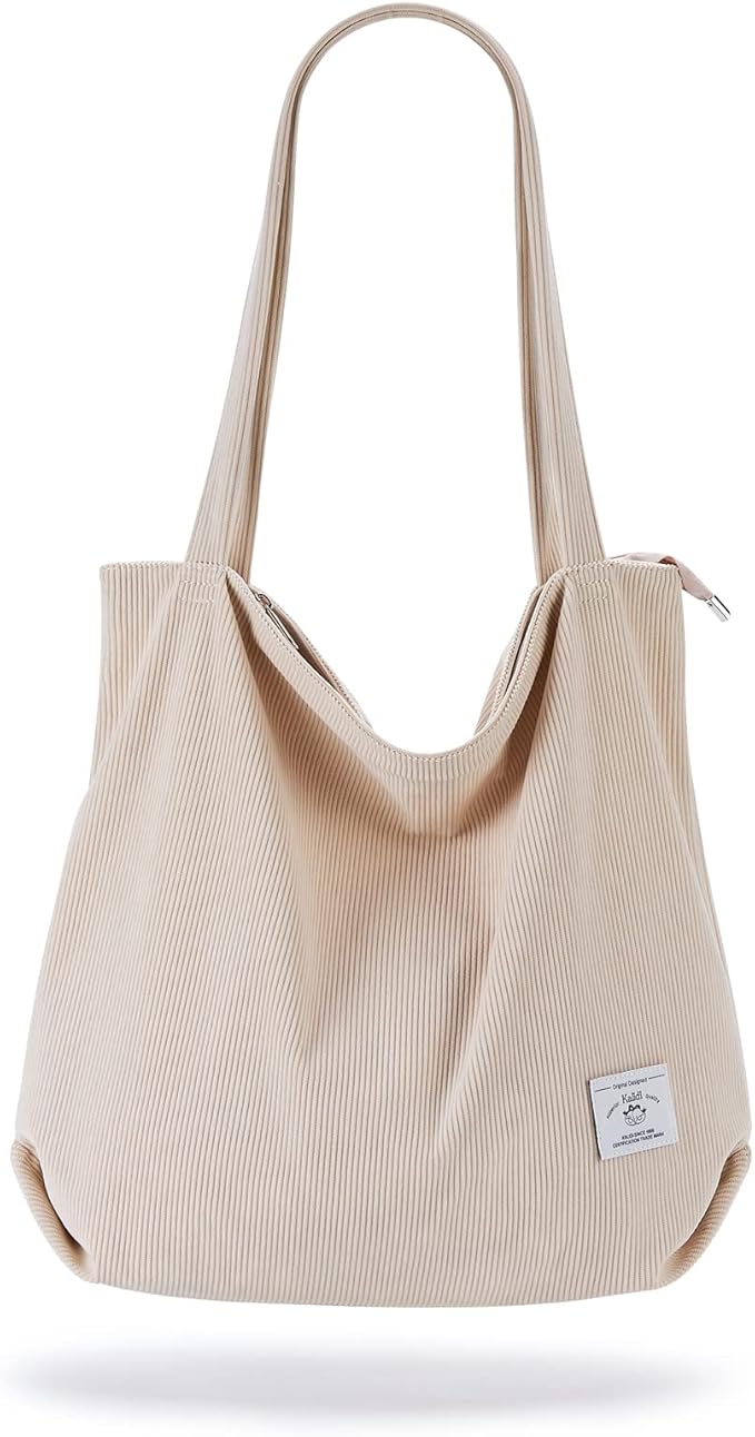 Women Corduroy Tote Bag Zipper Casual Tote's Handbag Big Capacity Shoulder Bag with Pockets