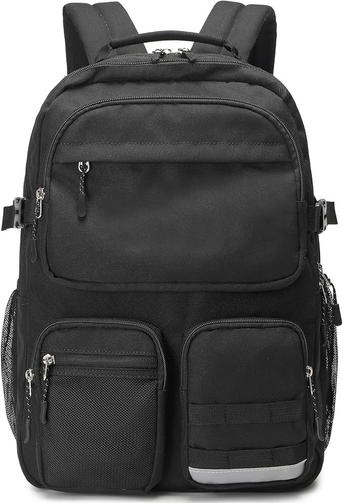 Water Resistant Backpack with Multifunctional Pockets for Teens, Durable Bookbag fits 15.6 inch Laptop for School Travel College, 25L (Black)